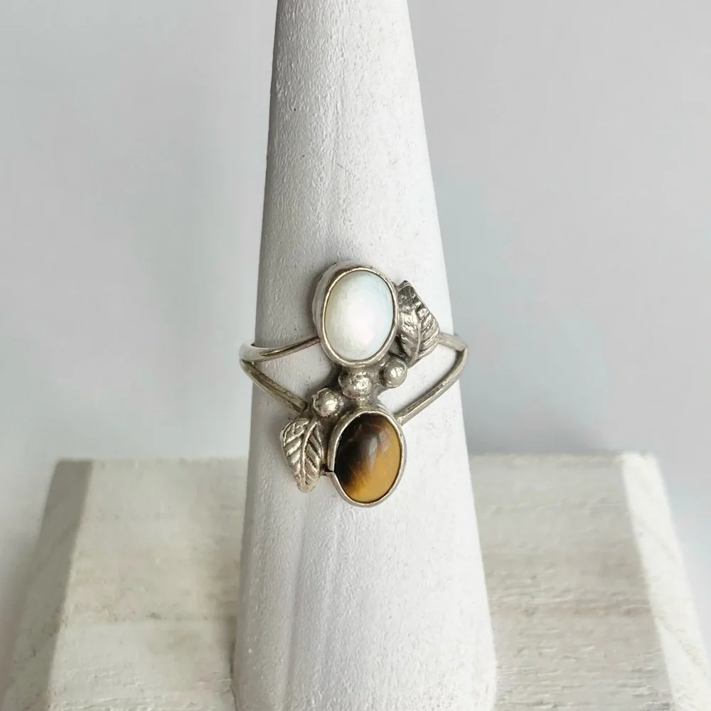 Sterling Silver Tigers Eye & Moonstone Opalite Swirl Leaf Floral Ring Size 7